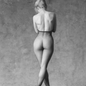 Semi nude model Octavia standing rear view b&w photo