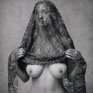 Nude woman with lace shawl over head, Natalie, b&w photo by Craig Morey