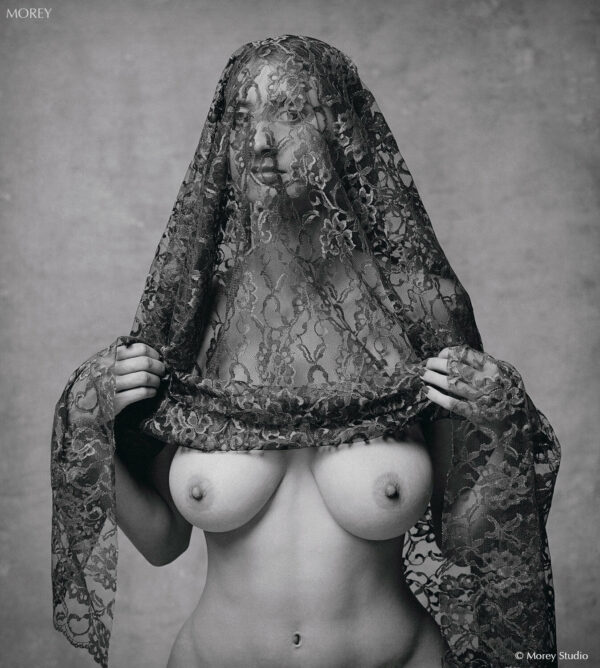 Nude woman with lace shawl over head, Natalie, b&w photo by Craig Morey