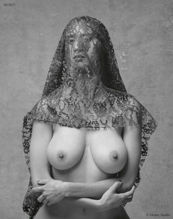 Nude woman with large breasts, lace shawl over head, Natalie, b&w photo by Craig Morey